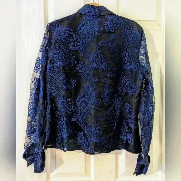 MSK Women's Black & Blue‎ Paisley Print Sheer Button Down Blouse Top Medium - Picture 3 of 6